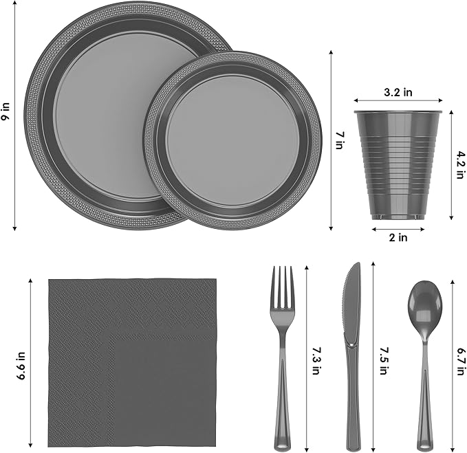 Party Solids 350 Pieces Silver Plastic Plates For Party, Silver Disposable Plates Set, 50 Of Each 9" Dinner Plate Set, 7" Dessert Plate, Cups, Napkins & Cutlery Plastic Dinnerware