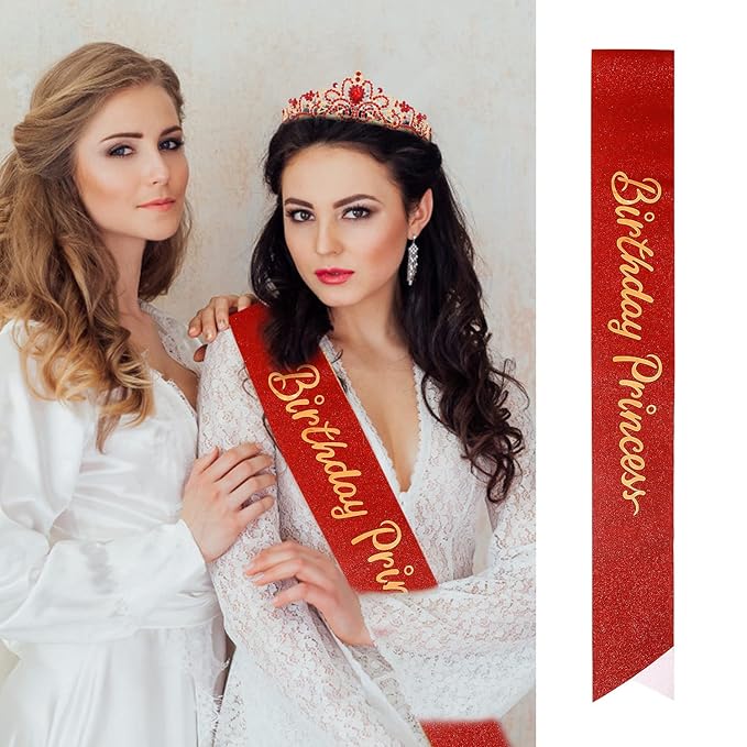 Velscrun Princess Crown, Tiara & Sash Set for Girls, Red, Wedding & Party Accessory