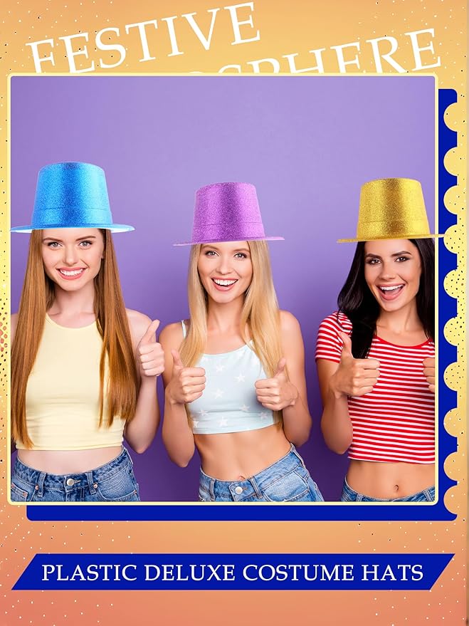24 Pack Neon Top Hats Glitter Plastic Top Hat Colorful Magician Hat Bright Party Hats for Adult Kids Photo Booth Props Birthday New Years Party Supplies, 12 Colors