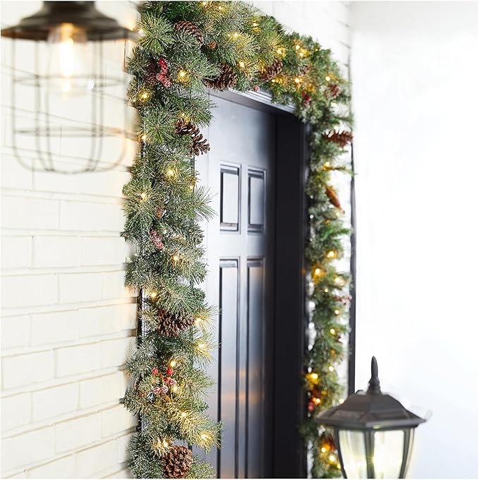 Glitzhome 2PK 9ft Prelit Christmas Garlands, Glittered Greenery Garlands Artificial Pine Garlands with Pine Cones Berries, Christmas Garland with Lights for Mantle, Fireplace, Stairs Decorations