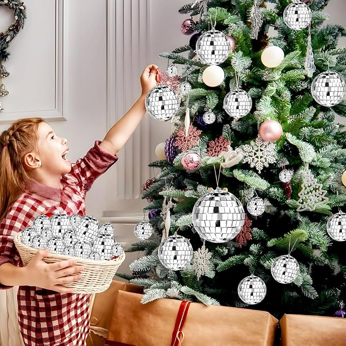 46 PCS Disco Mirror Ball Reflective Mini Glass Hanging Decorations Assorted Silver 6 Inches Large Disco Ball for Wedding Dance Music Ballroom Hall Props Club Stage Backdrop Props (6 inch)