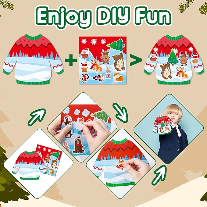 CY2SIDE 12 Set Christmas Ugly Sweater Scene Sticker Art Craft for Kids, Make A Winter Sweater Scene with Penguin Sticker, DIY Xmas Party Games for School Classroom Activities