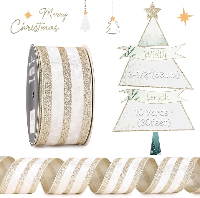 Ivory Velvet Wired Ribbon with Champagne Glitter Stripe 2.5 Inch Crushed Velvet Christmas Ribbon, 10 Yards for Gift Wrapping, Crafts, Christmas Tree Decorations, Wreath Supplies, Garlands