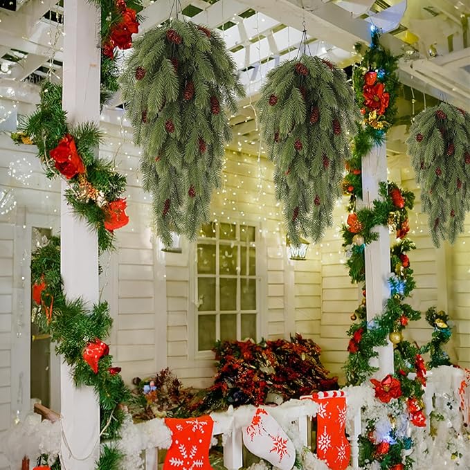 RECUTMS 2 Pack Artificial Pine Branches with Cones Green Plants Pine Needles Artificial Hanging Plants Outdoors DIY Accessories for Outdoors for Wreath Christmas and Home Garden Decoration(Green)