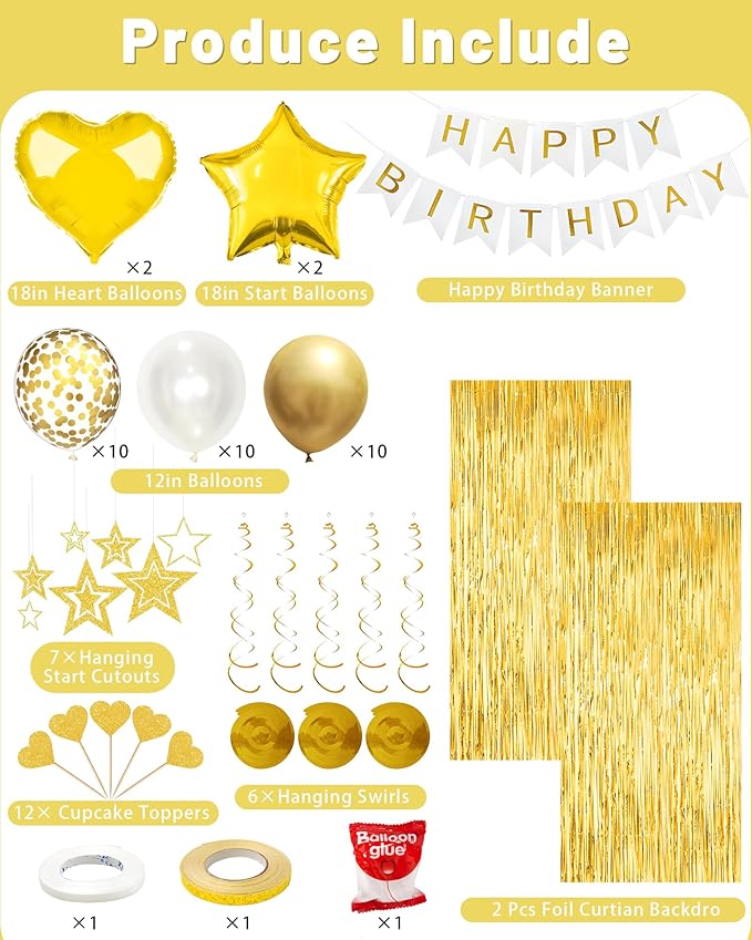 Golden Happy Birthday Party Decorations, Happy Birthday Banner, Gold Foil Heart Star Confetti Balloons Curtain Backdrop Hanging Swirls Party Decor for Boys Men