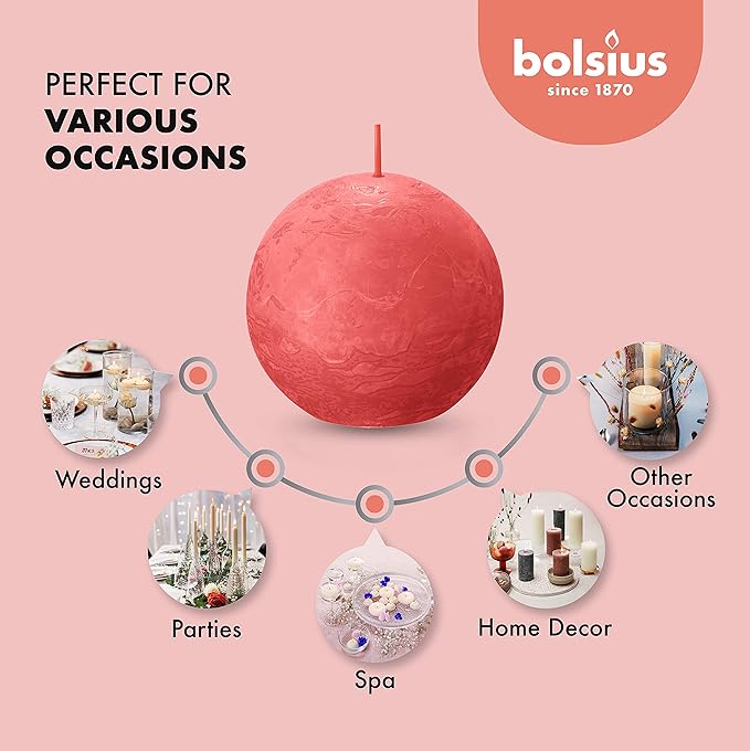 BOLSIUS 3 Pack Blossom Pink Rustic Ball Pillar Candles - 3 Inch - Premium European Quality - Includes Natural Plant-Based Wax - Unscented Dripless Smokeless 25 Hour Party Décor Candles