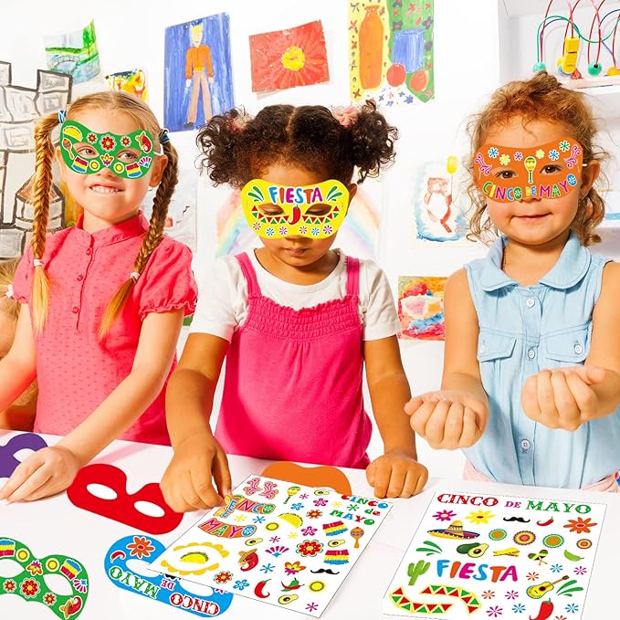 chiazllta 30 Pcs Fifth of May De Mayo Mask Craft Kits for Kids Mexican Themed DIY Eyeglasses Make Your Own Eyewears Fiesta Sombrero Party Favor Bulk Set for Preschool Classroom Activities