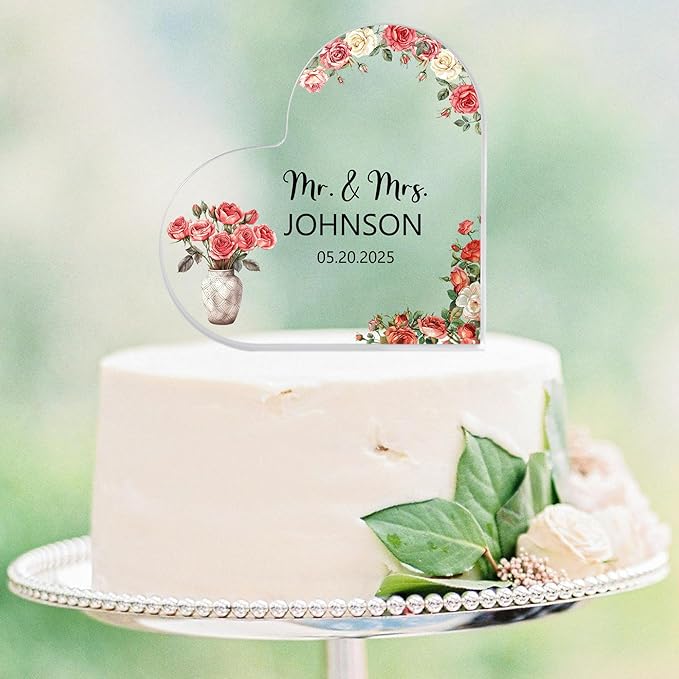 Custom Wedding Heart Acrylic Plaque,Mr & Mrs Cake Topper,Personalized Wedding Keepsake/Gift/Sign (Style 9)