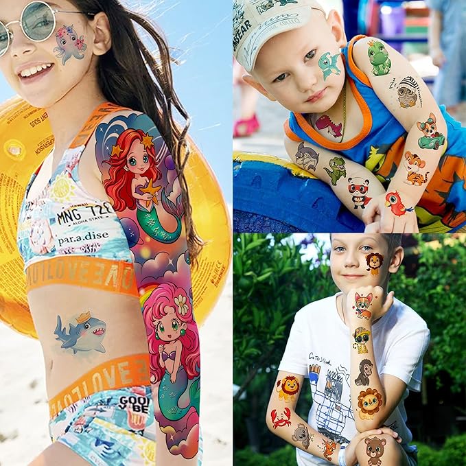 58 PCS Unicorn Mermaid Full Arm Temporary Tattoo For Kids Girls Boys, Dinosaur Car Space Monster Truck Animals Butterfly Body Face Fake Arm Sleeve Tattoos Stickers, Goodie Bags Stuffers Party Supplies