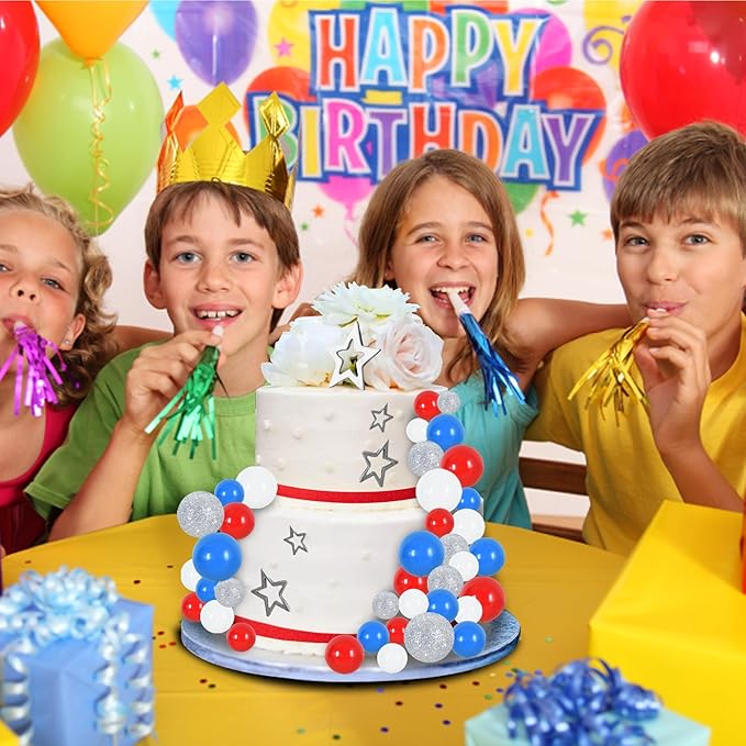 BEISHIDA 40 Pcs Foam Ball Cake Toppers with Sticks Mini Cake Decorations for Birthdays, Weddings, Baby Showers, DIY Baking Supplies, Anniversary Party (Red, Blue, White，Silver)