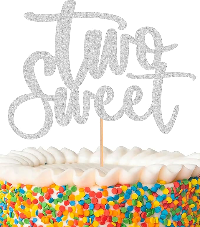 Two Sweet Cake Topper - Glitter Silver 2nd Birthday Cake Decorations, Second Anniversary Cake Pick (Silver)
