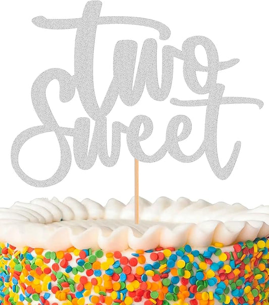 Two Sweet Cake Topper - Glitter Silver 2nd Birthday Cake Decorations, Second Anniversary Cake Pick (Silver)