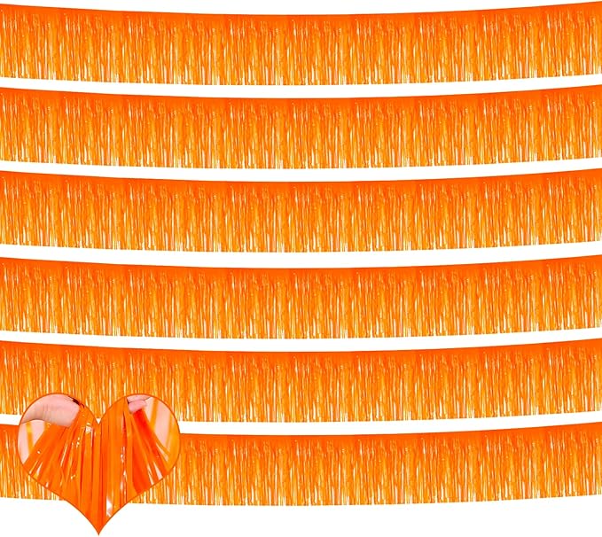 6 Pack 10 Feet Foil Fringe Garland Metallic Tinsel Banner Wall Hanging Curtain Streamers Backdrop for Parade Floats Bachelorette Wedding Birthday Party Thanksgiving Christmas Decorations(Orange)