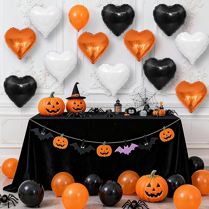 Black Orange Heart Balloons, 18 Inch Black White Orange Heart Foil Shape Balloon, 12PCS Large Love Helium Balloons for Birthday Graduation Halloween Thanksgiving Day Graduation Party Decorations