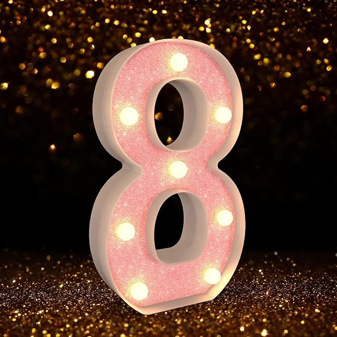 Marquee Light up Numbers 0-9, Battery Powered LED Light, Pink Glitter Plastic Sign, Night Light Decor for Graduation, Engagement, Wedding, Baby Shower, Birthday (Number 8)