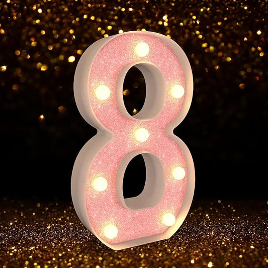 Marquee Light up Numbers 0-9, Battery Powered LED Light, Pink Glitter Plastic Sign, Night Light Decor for Graduation, Engagement, Wedding, Baby Shower, Birthday (Number 8)