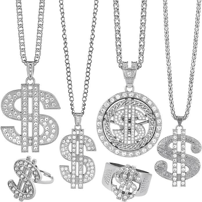6 Pack Fake Gold-Colored Dollar Sign Chain Necklace Ring for 80s 90s Hip Hop Costumes Outfit, Rapper Jewelry for Men Women