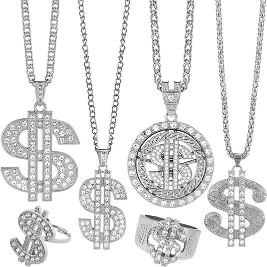 6 Pack Fake Gold-Colored Dollar Sign Chain Necklace Ring for 80s 90s Hip Hop Costumes Outfit, Rapper Jewelry for Men Women