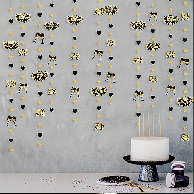 52 Ft Black Gold Happy Anniversary 50 years Heart Garland Streamer Twinkle Star Heart Cheers Number Fifty Hanging Paper Banner Backdrop for Fiftieth 50th Wedding Anniversary Party Decorations Supplies