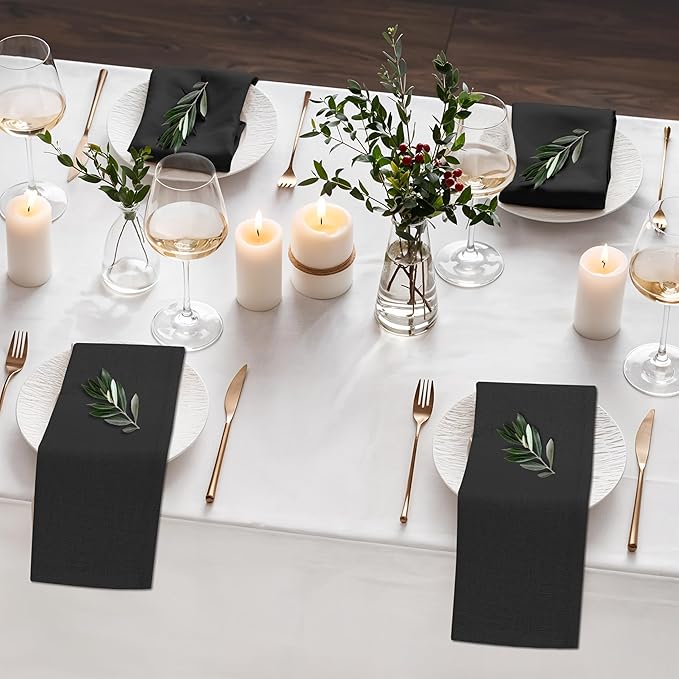 Ruvanti Linen Napkins Set of 12, 18x18 Cloth Napkins, Cotton Linen Blend Napkins Cloth Washable, Soft, Reusable Dinner Napkins for Wedding, Parties, Christmas, Thanksgiving, Everyday Use - Black