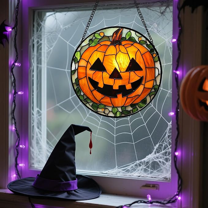 Stained Glass Window Hanging, Halloween Decorations Evil Pumpkin Suncatcher for Doors Garden Indoor Spooky Funny Orange Sun Catchers Gothic Decor Horror Gifts for Women Men Friend 7.8 in