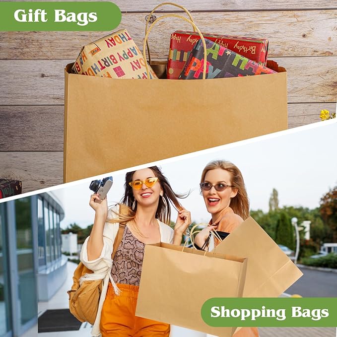woric 60 PCS Brown Paper Bags with Handles, Christmas Gift Bags 16 x 6 x 12 inch Large Gift Bag Bulk Paper Bags Shopping Bags for Grocery Small Business Stocking Stuffers