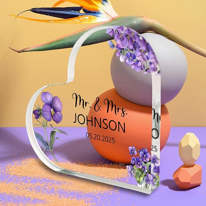Custom Wedding Heart Acrylic Plaque,Mr & Mrs Cake Topper,Personalized Wedding Keepsake/Gift/Sign (Style 11)