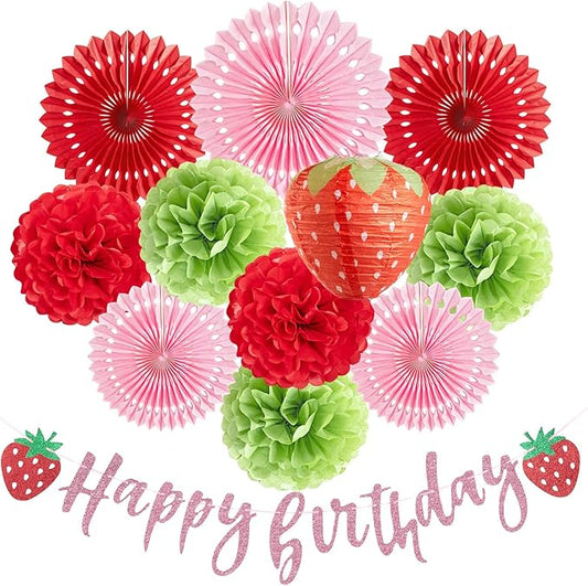 Strawberry Birthday Decorations, Strawberry First Birthday Decor with Strawberry Lantern, Red Pink White Paper Fans Hanging Decorations, Strawberry Baby Shower Decorations