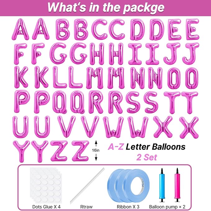 LIOZEOKUN Letter Balloons 16 Inch Alphabet A-Z Mylar Foil Balloons 2 Set for Wedding Birthday Party Decoration Banner Custom Phrase 52 Pcs