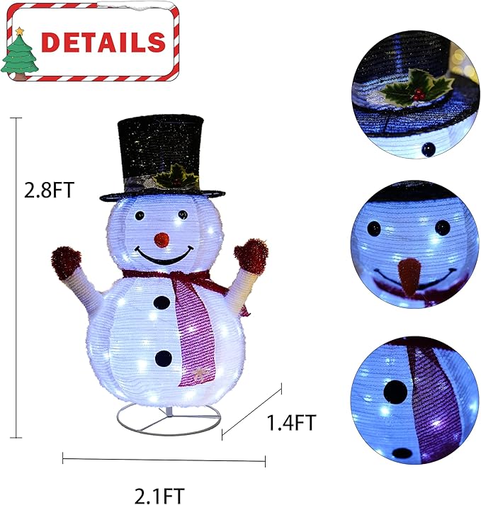 Dazzle Bright Christmas Snowman Decorations, 3FT Pre-Lit 48 LED Lighted Collapsible Snowman with Black Hat, Pop Up Snowman with Metal Stand for Indoor Outdoor Xmas Garden Yard Home Party Decor