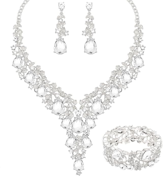 CSY Elegant Crystal Costume Jewelry Sets Flower Bridal Necklace Earrings Stretch Bangle Set for Bride Bridesmaid Wedding Dress Accessories