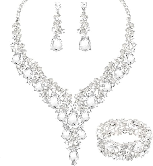 CSY Elegant Crystal Costume Jewelry Sets Flower Bridal Necklace Earrings Stretch Bangle Set for Bride Bridesmaid Wedding Dress Accessories