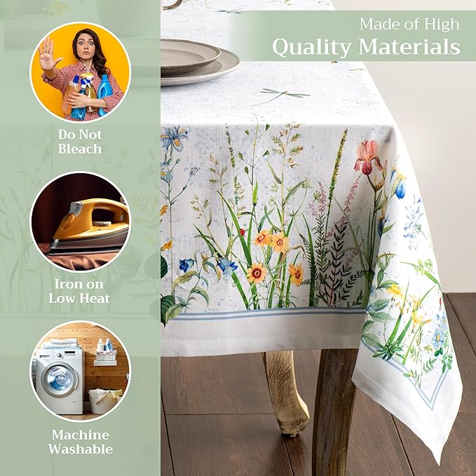 Maison d' Hermine Table Cloth Rectangle Table 100% Cotton 54 x 72 Inches Tablecloth Reusable Decorative for Dining Room, Farmhouse, Home, Party, Festive & Wedding Spring Summer - Fleurs De Mai