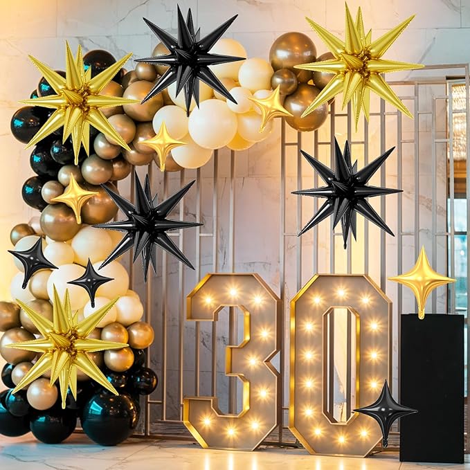 18 Pcs Black Gold Star Balloons, Gold and Black Balloon with 6 Pcs 22-Inch Explosion Star Balloons 12Pcs 10-Inch Four Pointed Stars Foil Balloon for Anniversary Disco Birthday Party Decorations