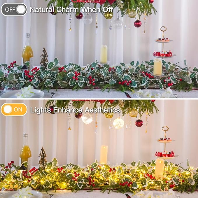 suddus 40 LED Christmas Fairy Lights Battery Powered,12.5ft Vine String Lights with Red Berries & Holly Leaf Timer Remote, Artificial Garlands for Fireplace, Bedroom,Porch,Door,Table,Stairs,Xmas Decor