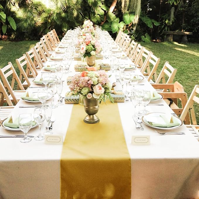 5-Pack Satin Table Runner Light Gold 12 x 108 Inch Long Silk Satin Table Runners for Wedding,Graduations,Engagements,Birthday Party and Banquet Decoration（5 Pack, 12x108 Inch, Light Gold）