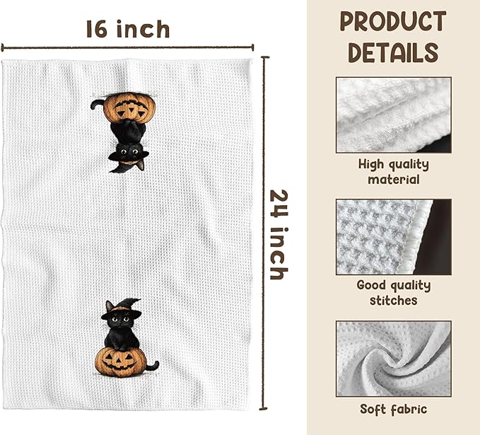TNUW Halloween Black Cat Pumpkin Kitchen Towels 16x24 Inch, Black Cat Halloween Decor Dish Tea Towels for Kitchen, Witchy Kitty Spooky Pumpkin Decorative Hand Towel for Bathroom Decor