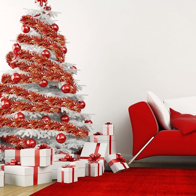 Dilunave 40 Feet Christmas Tinsel Garland Metallic Foil Twist Tinsel Garland Decoration for Christmas Tree, Wedding, Birthday and Party Hanging Decorations(Gold, Red)