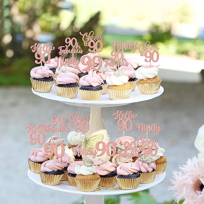 30PCS Happy 90th Birthday Cupcake Toppers Glitter Ninety Cheers to 90 Years Old Birthday Cupcake Picks Hello 90 Fabulous Cake Decorations for Happy 90th Birthday Anniversary Party Supplies Rose Gold