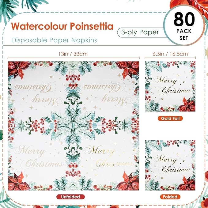 Christmas Party Paper Napkins Poinsettia Watercolor Napkins 80 Pieces Gold Foil Disposable Paper Luncheon Napkins Xmas Party Table Decorations