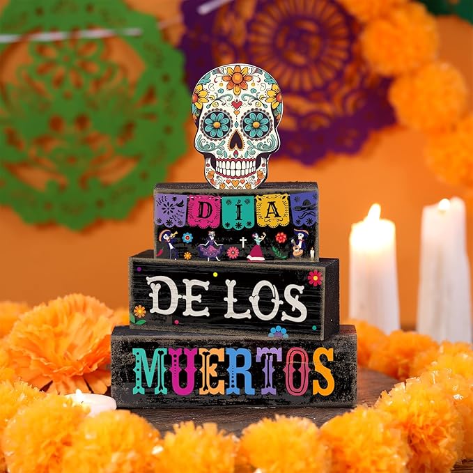 4 Pcs Day of The Dead Table Decorations Day of The Dead Centerpiece for Table Dia De Los Muertos Tiered Tray Decor Wood Sugar Skull Block Signs for Halloween Party Home Shelf Decoration
