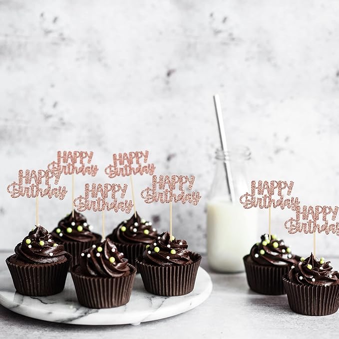 Gyufise 24Pcs Happy Birthday Cupcake Toppers Rose Gold Glitter Birthday Cake Picks for Celebrating Birthday Party Baby Shower Party Decorations Supplies