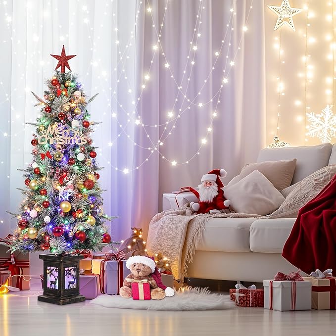 GarveeHome 4.5ft Prelit Christmas Trees with 150 Two-Color Lights & 20 Clusters Red Berry, Artificial Potted Xmas Tree with 8 Light-Modes, Elk Base, Holiday Decor, 1 PCS
