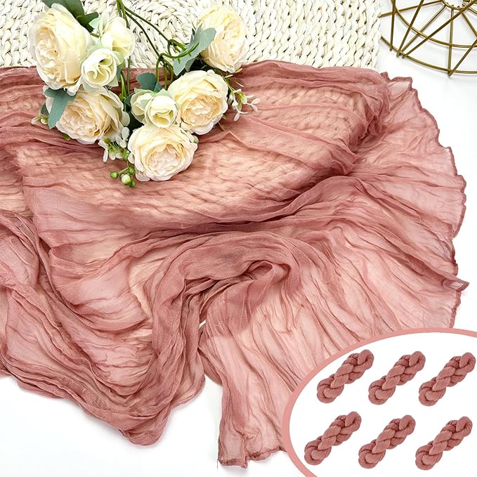 Booque Valley 6 Pack Dusty Blush Cheesecloth Table Runner 10ft Super Soft Boho Wrinkled Gauze Sheer Cloth for Baby Shower Baptism Birthday Party Wedding Centerpiece Table Decoration, 35x120 Inch