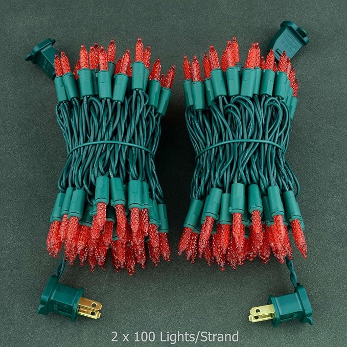 YULETIME Red Faceted LED Christmas Lights 200 Count 50 ft, Pack of 2 Strands 25 ft 100 Lights UL Certified Commercial Grade Green Wire Holiday String Light Set (Red)