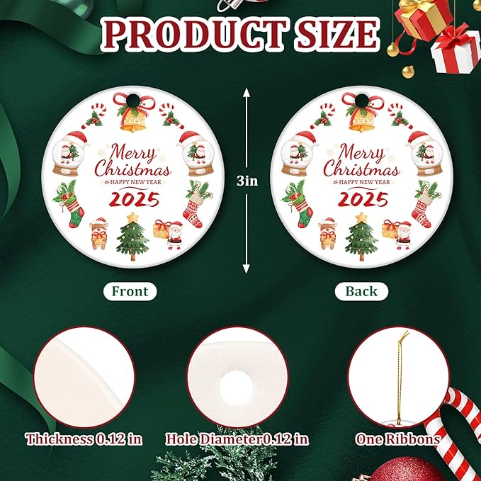 Christmas Ornaments 2025 – 3 Inch Round Tree Decoration Ornaments, Double-Sided Holiday Keepsake Gift for Family, Friends & Couples | Merry Christmas & Happy New Year Ceramic Ornament with Gift Box.