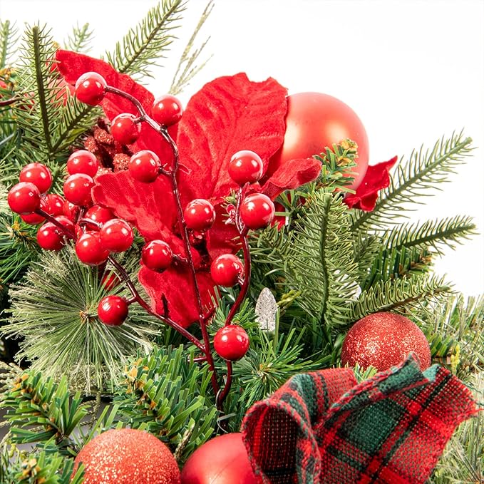 9Ft Red Poinsettias Pre-lit Christmas Garland 70 Lights Plug in,Holiday Decoration Fireplace Stairs Mantle Door Indoor Outdoor