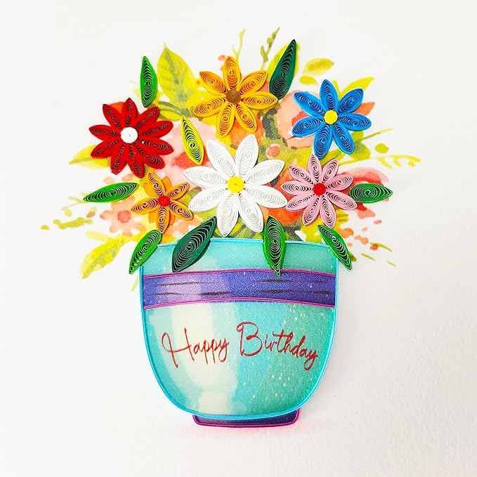 Quilled Birthday Card - Happy Birthday Quilled Daisies Greeting Cards for Women - Blank Inside Quilling Cards for Woman- 6x6 Handmade 3D Paper Art Design with Luxury Blue Envelope (Daisy)