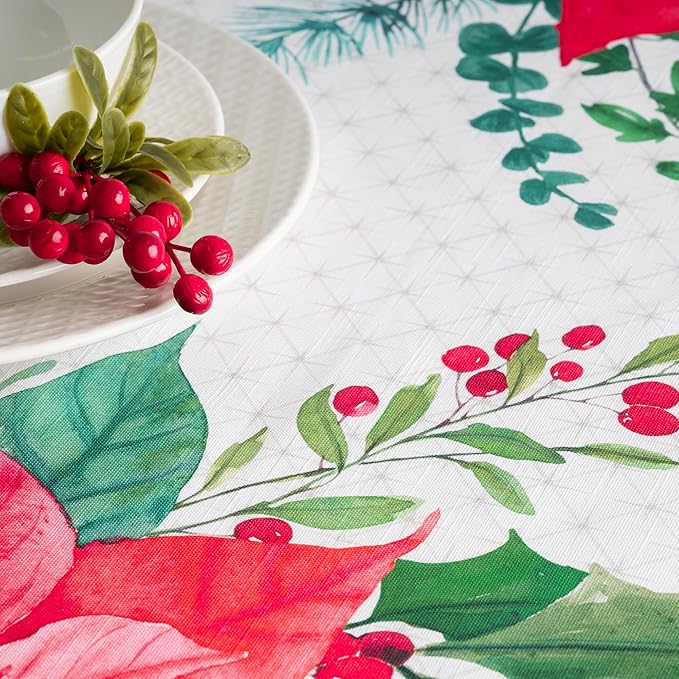 Maison d' Hermine Table Cloth Rectangle Table 100% Cotton 70 x 140 Inches Fall Tablecloth Reusable Everyday Use for Thanksgiving Christmas Decorations Dining Farmhouse Party (Poinsettia Christmas)