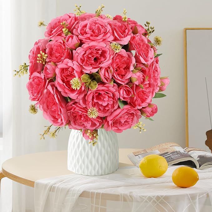8 Packs Artificial Peonies Silk Flowers: Faux Peony Bouquet 8 Bundles, Fake Peonies Flowers Bulk for Centerpiece Table Wedding Party Home Decor for Vase Decoration (Rose Red)